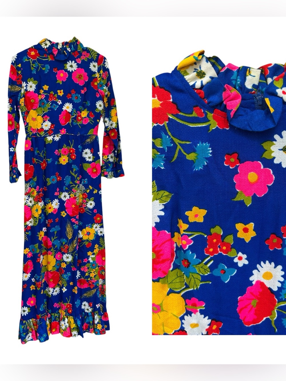 1970s Vintage Empire Waist Flower Power Hippie Hostess Ruffled Maxi Dress